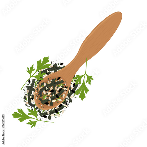 Vector Illustration Logo Clipart Organic Furikake Flakes on a wooden spoon