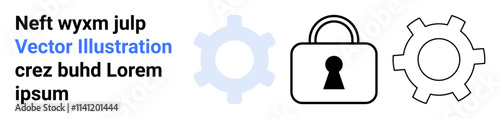 Gear and lock icons with accompanying text. Gear icons in light blue and black signify maintenance and industrial themes. Lock icon denotes security. Ideal for technology, security, industry