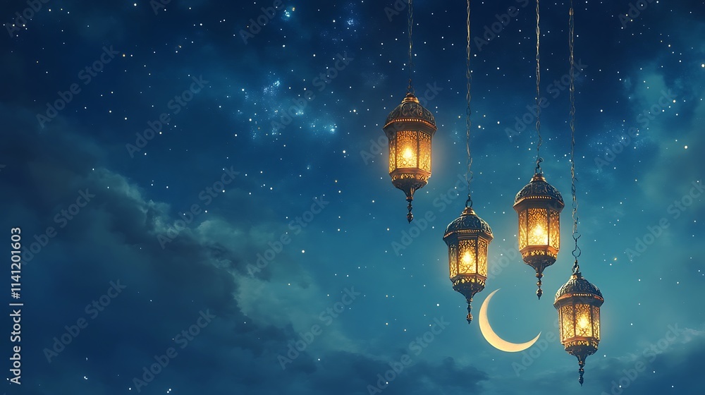 Illuminated Ramadan lanterns hanging against a night sky Illuminated Ramadan lanterns hanging against a night sky