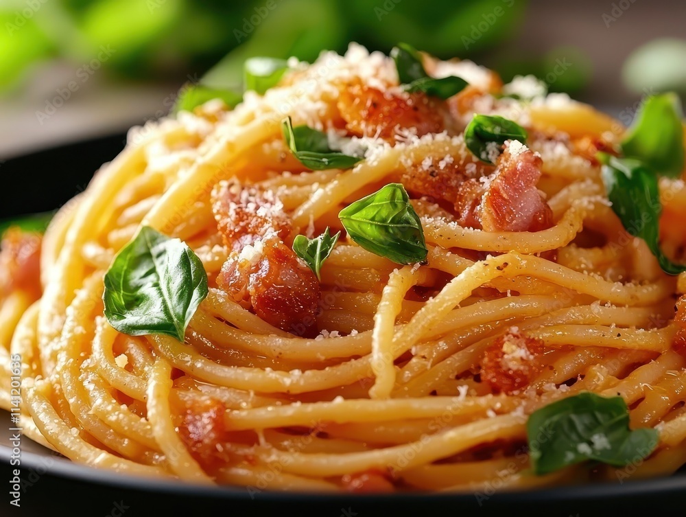 italian food Delicious Spaghetti Dish Garnished with Fresh Basil and Crispy Bacon Crumbles italian food Delicious Spaghetti Dish Garnished with Fresh Basil and Crispy Bacon Crumbles