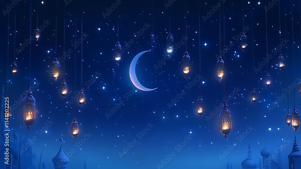 Night Sky Illuminated Lanterns Crescent Moon Cityscape Night Sky Illuminated Lanterns Crescent Moon Cityscape