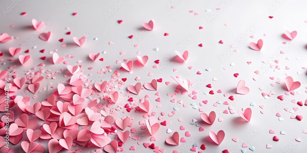 Tiny pink paper hearts scattered on a white background with confetti pieces floating in the air, Valentine's Day Tiny pink paper hearts scattered on a white background with confetti pieces floating in the air, Valentine's Day