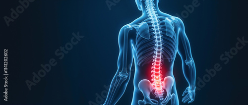 Medical rendering of a skeleton emphasizing the lumbar spine, illustrating back pain or injury. Useful for depicting medical, health, or anatomy-related topics like spinal issues and chronic pain.

 photo