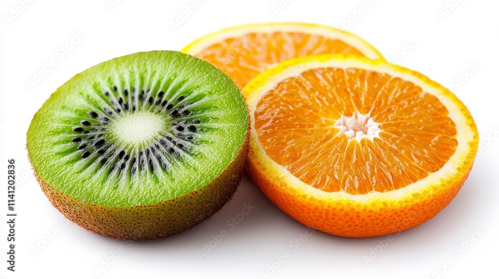 Vibrant Citrus and Kiwi Fruit Slices on White Background Vibrant Citrus and Kiwi Fruit Slices on White Background