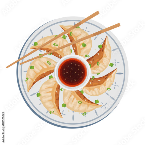 Vector Illustration Logo Clipart Top View Grilled gyoza or Jiaozi dumpling with separate chili oil