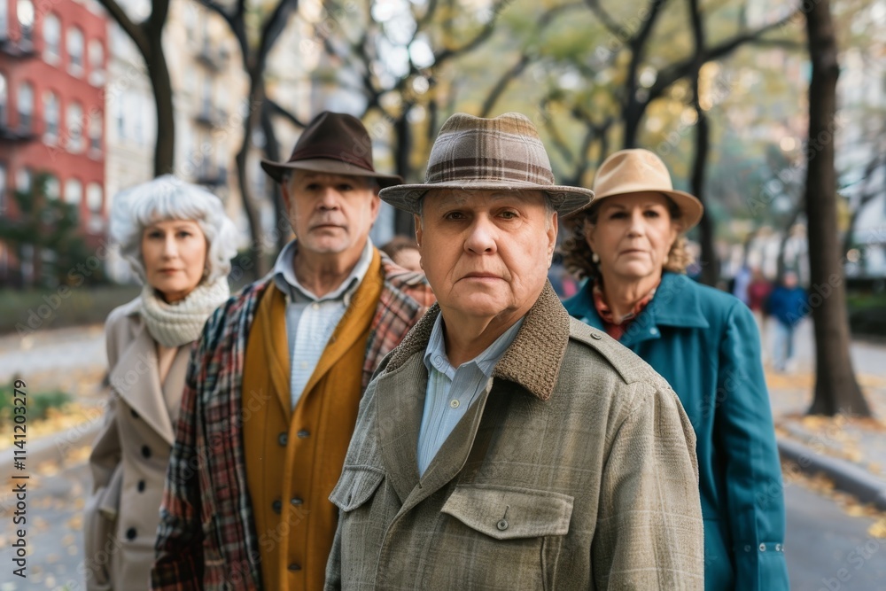 group of senior friends in hats walking in autumn park and looking at camera group of senior friends in hats walking in autumn park and looking at camera