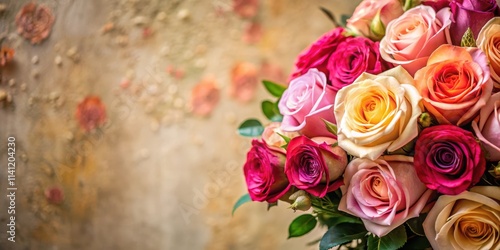 Wallpaper Mural A close-up of a vibrant rose bouquet with intricate details and soft petals against a neutral-colored wall, showcasing the beauty of nature's elegance, garden inspiration, wall decor Torontodigital.ca