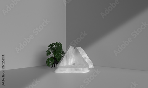 stone rock white exhibition modern nature pedestral dais object mock up blank tree monsteral pllant floral template background copy space showcase texture material marble luxury minimal product scene