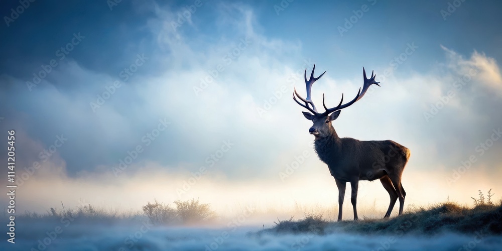 Naklejka premium Red deer stag silhouette in the mist with antlers and fur details, set against a soft gray and blue sky, misty landscape, outdoor scene