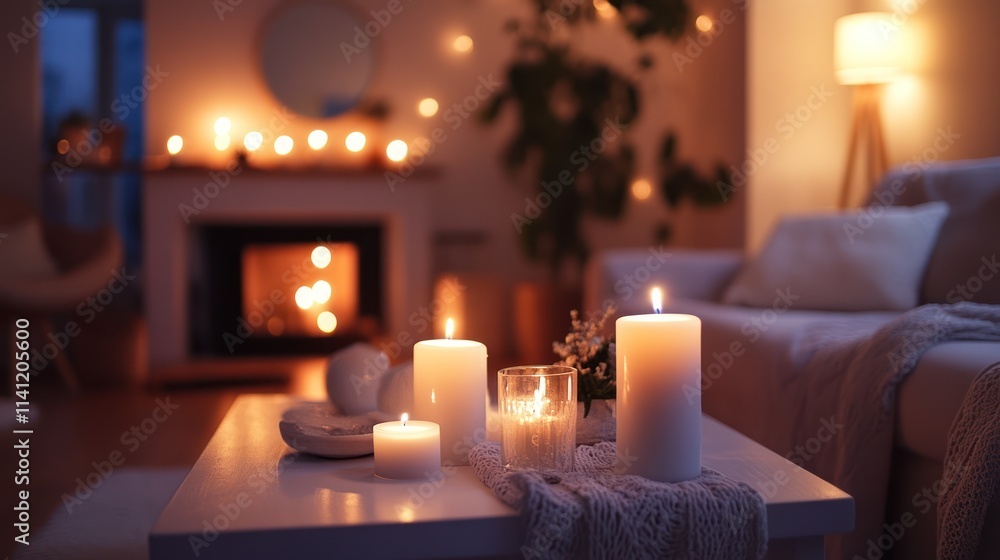 Cozy living room with fireplace and candles at night. Cozy living room with fireplace and candles at night.
