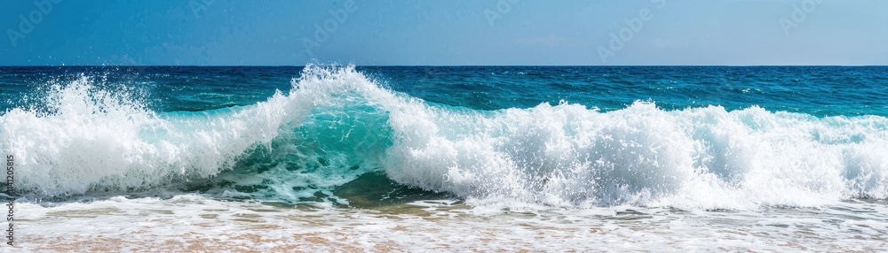 Turquoise Ocean Wave Crashing on Sandy Beach Summer Seascape Turquoise Ocean Wave Crashing on Sandy Beach Summer Seascape
