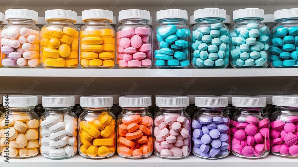 Colorful Pills in Jars on Pharmacy Shelf Colorful Pills in Jars on Pharmacy Shelf