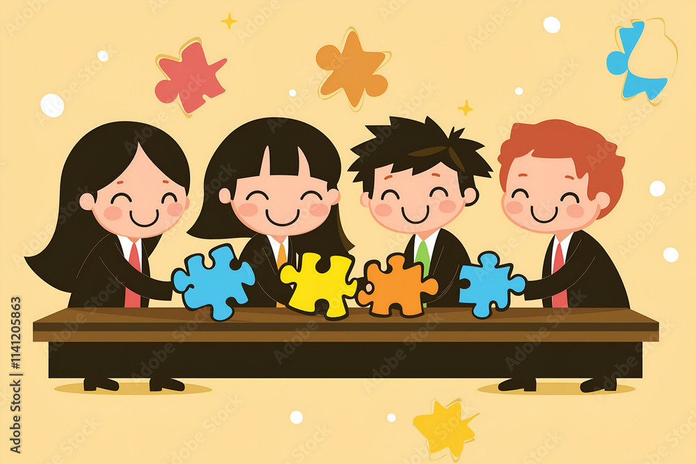 Flat design of businesspeople stacking puzzle pieces, symbolizing collaboration, business concept vector illustrations