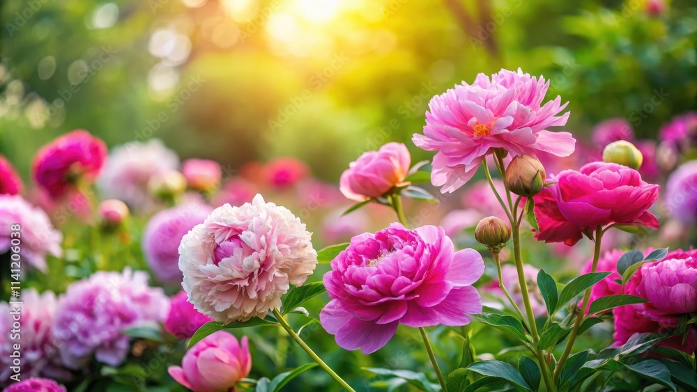 Fototapeta premium Beautiful blooming peony flowers in a lush garden with a mix of pink roses and other colorful flowers, flower garden