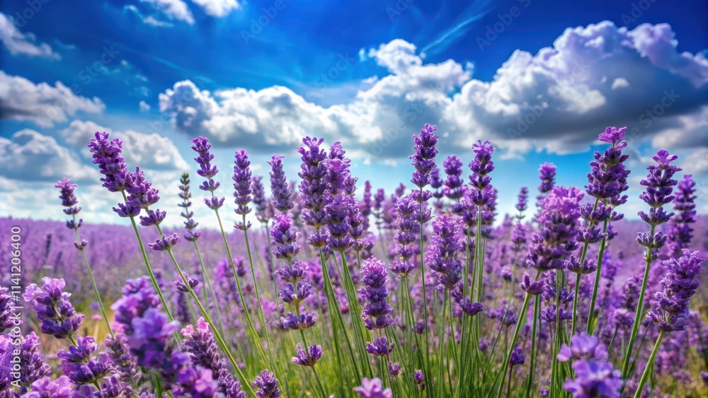 Detailed description of fragrant lavender flowers in a field with a blue sky and fluffy white clouds , nature, lavender Detailed description of fragrant lavender flowers in a field with a blue sky and fluffy white clouds , nature, lavender