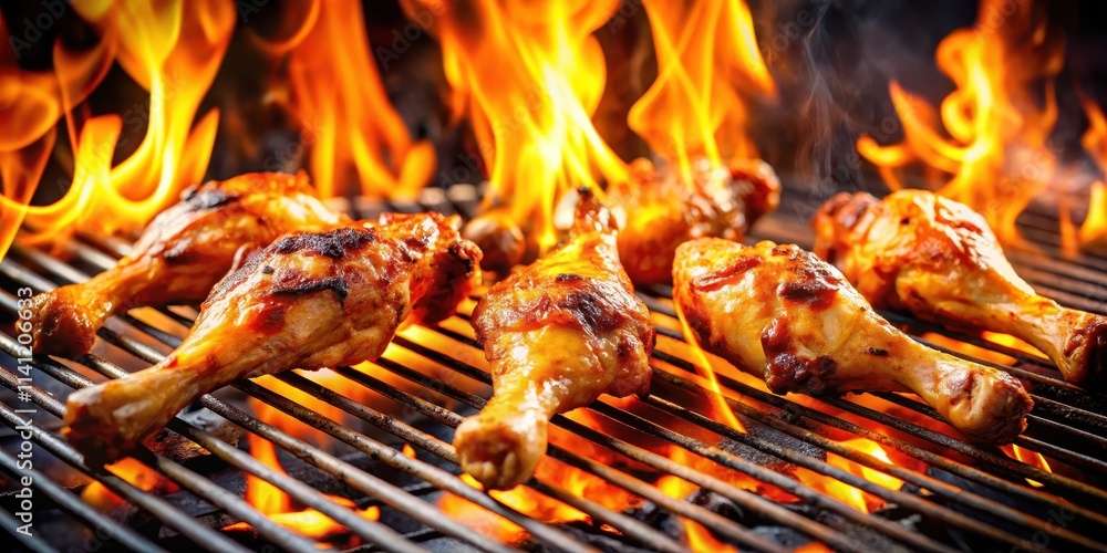 Chicken legs and wings sizzling on grill with dancing flames, chicken, kitchen, chicken, kitchen Chicken legs and wings sizzling on grill with dancing flames, chicken, kitchen, chicken, kitchen