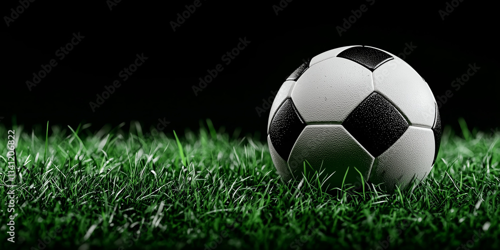 Fototapeta premium leather soccer ball on green grass close-up on black background