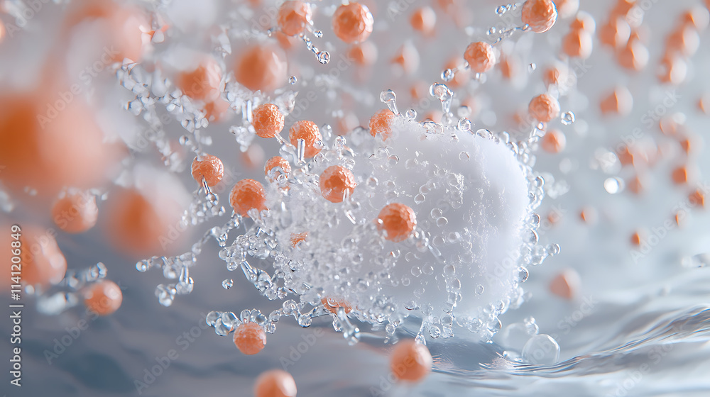 Fototapeta premium Create an image of a salt molecule (nacl) dissociating in water, highlighting the ionic bonds between sodium and chloride ions. Ionic. Illustration