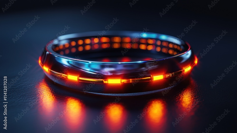 Futuristic Metallic Ring with Neon Lights and Reflections in Abstract 3D Design Futuristic Metallic Ring with Neon Lights and Reflections in Abstract 3D Design