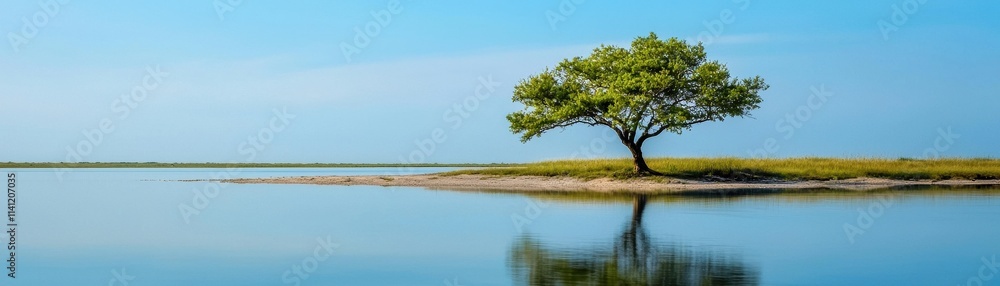 Serene Spring River Landscape with Lone Tree Reflection