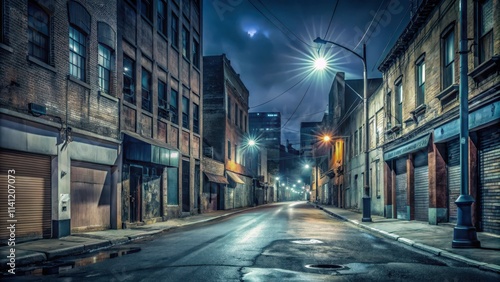 Desolate city street at night with empty cars and dark buildings , crisis, urban decay, crisis