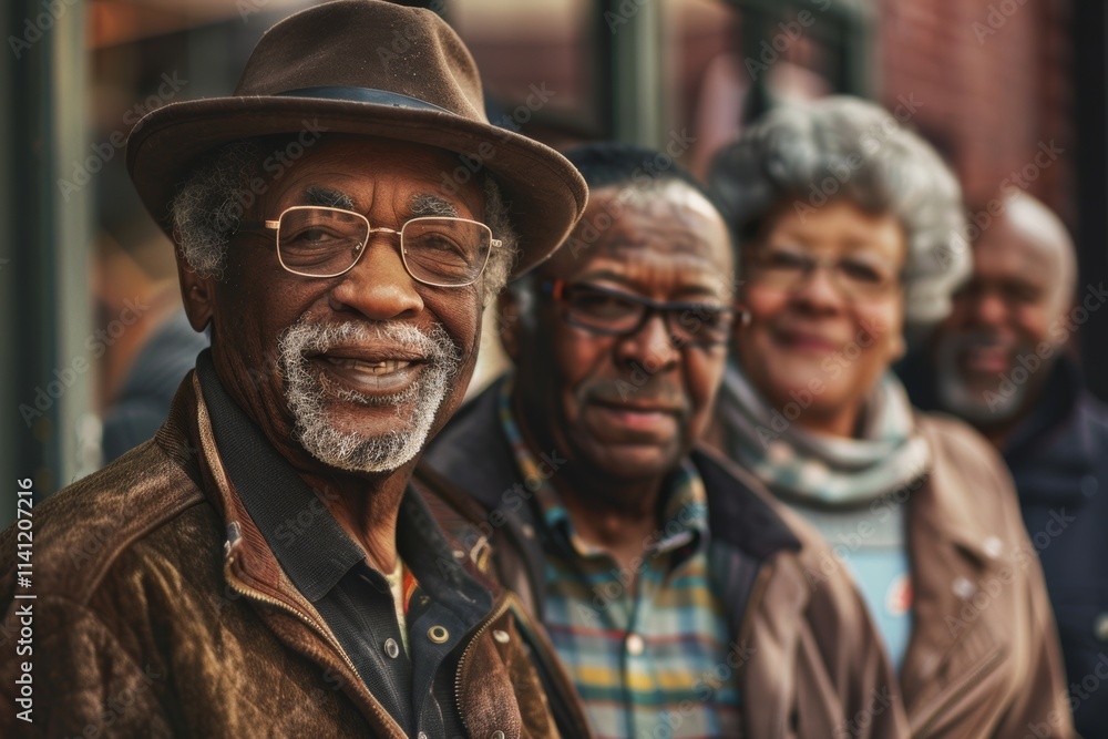 Portrait of a group of senior people walking in the city. Portrait of a group of senior people walking in the city.