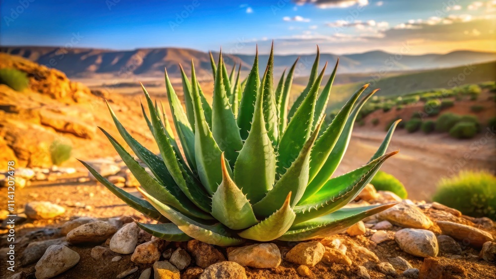 A plump, green aloe vera plant with thick, fleshy leaves and a sturdy stem, sitting on a rugged rock in a desert landscape A plump, green aloe vera plant with thick, fleshy leaves and a sturdy stem, sitting on a rugged rock in a desert landscape