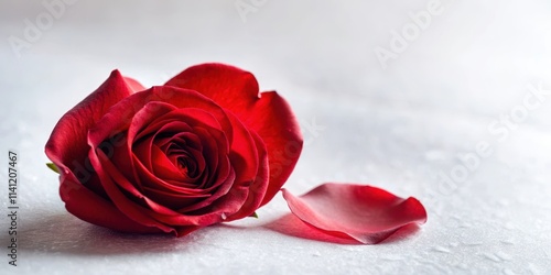 A single red rose petal lying on a soft white background with a subtle texture , red rose,