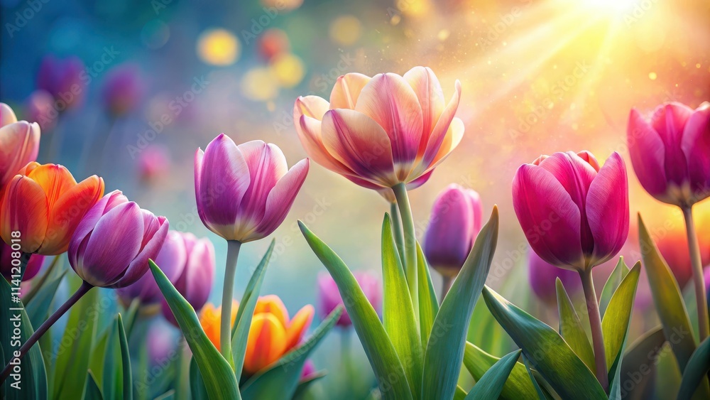 Blooming tulips on a soft paper background with gentle sunlight filtering through the petals, capturing the vibrant colors and delicate shapes , color palette, botanical illustration Blooming tulips on a soft paper background with gentle sunlight filtering through the petals, capturing the vibrant colors and delicate shapes , color palette, botanical illustration