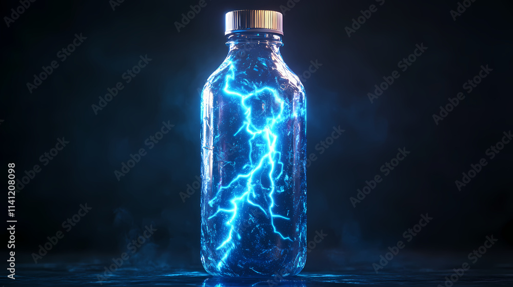 Glowing energy bottle with abstract blue lightning. Ionic. Illustration Glowing energy bottle with abstract blue lightning. Ionic. Illustration