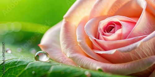 A delicate rose petal gently releases a single drop of water onto a soft green leaf , water droplets, macro,  water droplets photo