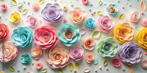 Colorful paper roses with delicate petals scattered on a neutral background, creating a whimsical and playful atmosphere , pastel flowers, paper flowers