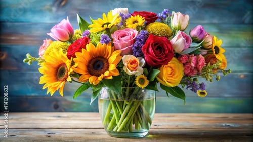 Wallpaper Mural Colorful mixed bouquet with an assortment of seasonal blooms including roses tulips daisies and sunflowers in a clear glass vase , bouquet, floral design Torontodigital.ca