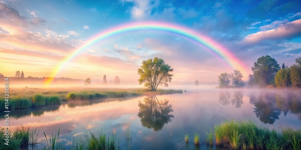 Pastel Rainbow Misty Morning , dreamy atmosphere, serene ambiance Pastel Rainbow Misty Morning , dreamy atmosphere, serene ambiance