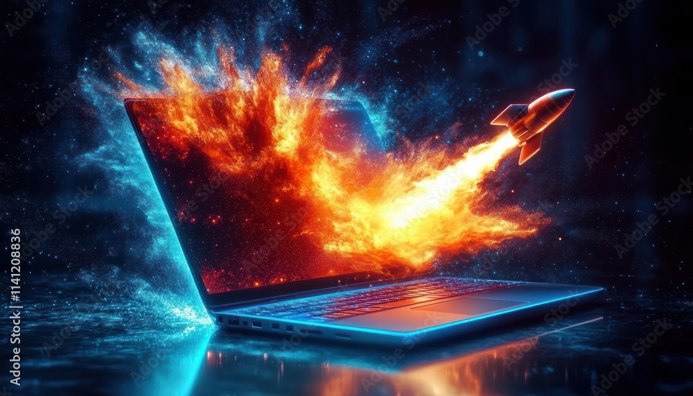 Rocket Launching from Laptop Screen with Abstract Digital Waves and Colors Rocket Launching from Laptop Screen with Abstract Digital Waves and Colors