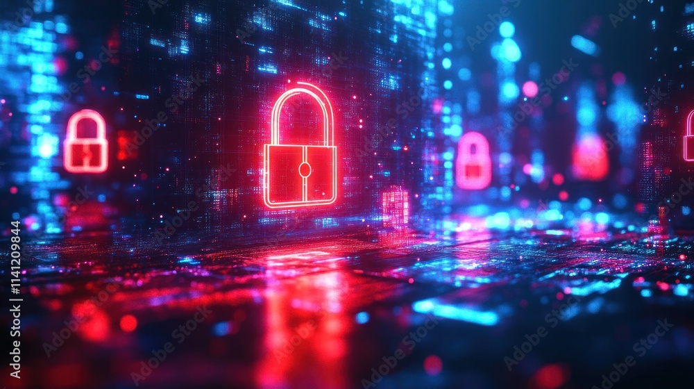 Futuristic Cybersecurity Landscape with Glowing Digital Padlock and Neon Lights Futuristic Cybersecurity Landscape with Glowing Digital Padlock and Neon Lights