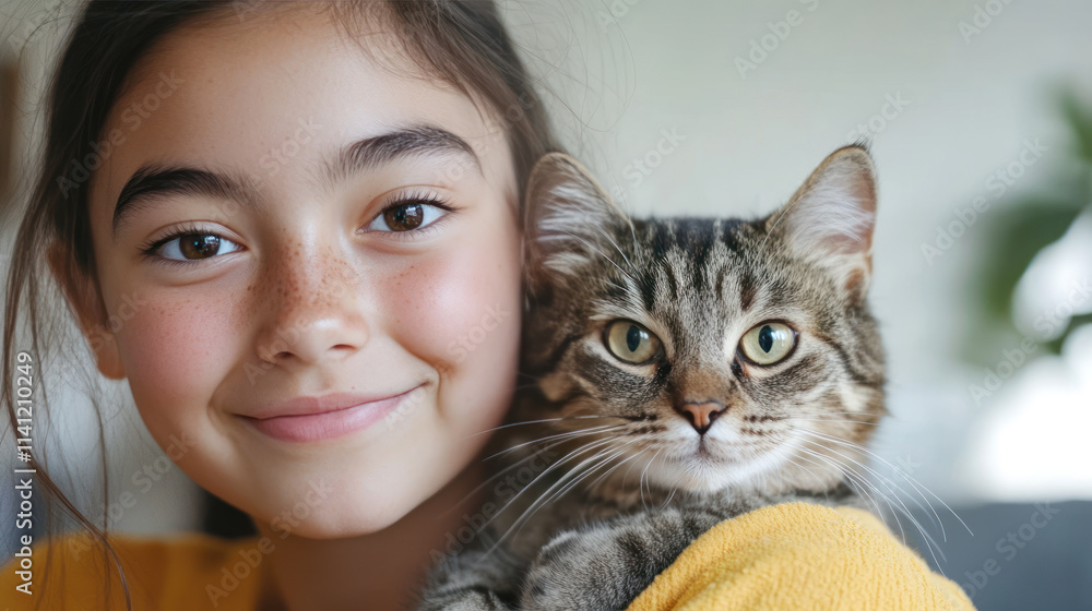 Australian girl holding pet cat kitten playing on living room together Australian girl holding pet cat kitten playing on living room together