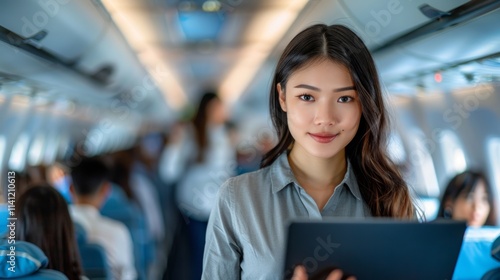 Smiling woman uses tablet on airplane.