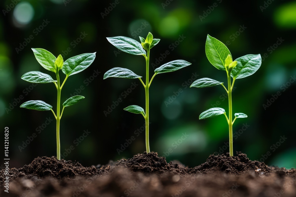 Three young green plants growing in dark soil against a blurred green background. Three young green plants growing in dark soil against a blurred green background.