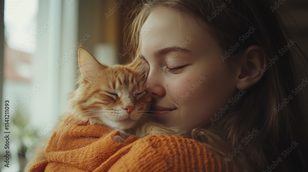 Germany girl holding pet cat kitten playing on living room together Germany girl holding pet cat kitten playing on living room together