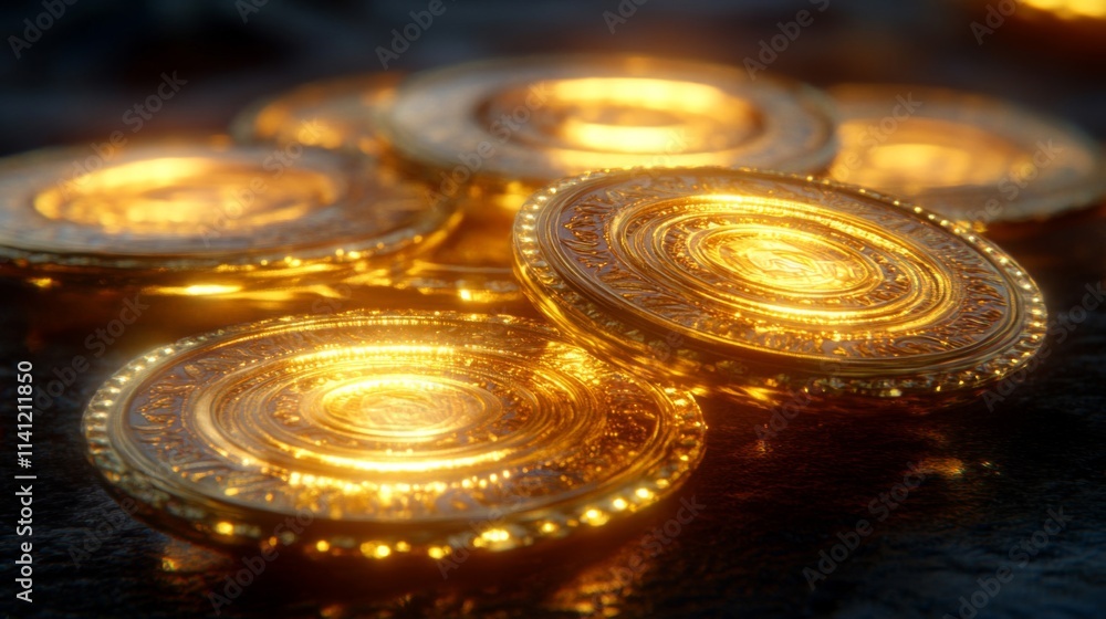 Glowing ornate gold coins rest on dark surface Glowing ornate gold coins rest on dark surface