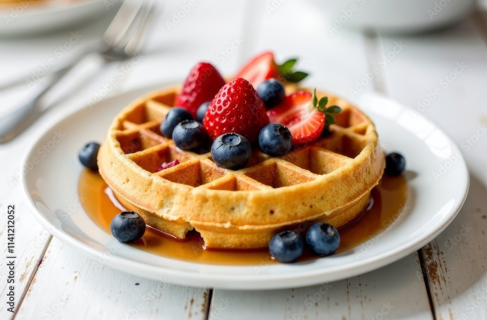 A golden waffle sits on a white plate, adorned with ripe strawberries and blueberries. A drizzle of syrup enhances the sweet presentation, making it an inviting breakfast treat. A golden waffle sits on a white plate, adorned with ripe strawberries and blueberries. A drizzle of syrup enhances the sweet presentation, making it an inviting breakfast treat.