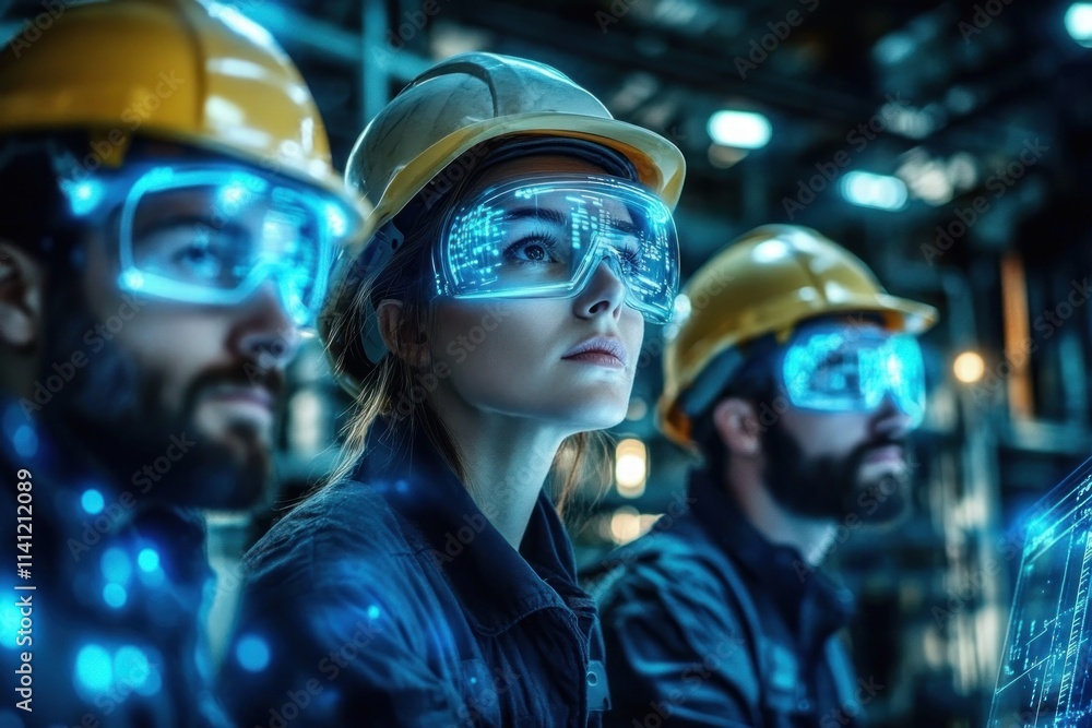 Futuristic Industry Scene with Engineers and Construction Workers in Digital Factory Environment Futuristic Industry Scene with Engineers and Construction Workers in Digital Factory Environment