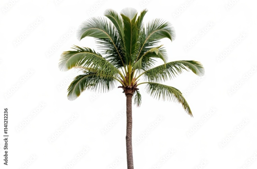 Obraz premium A tall palm tree stands prominently, showcasing its vibrant green fronds. The simple backdrop highlights the tree's unique structure and natural beauty, capturing the essence of tropical flora.