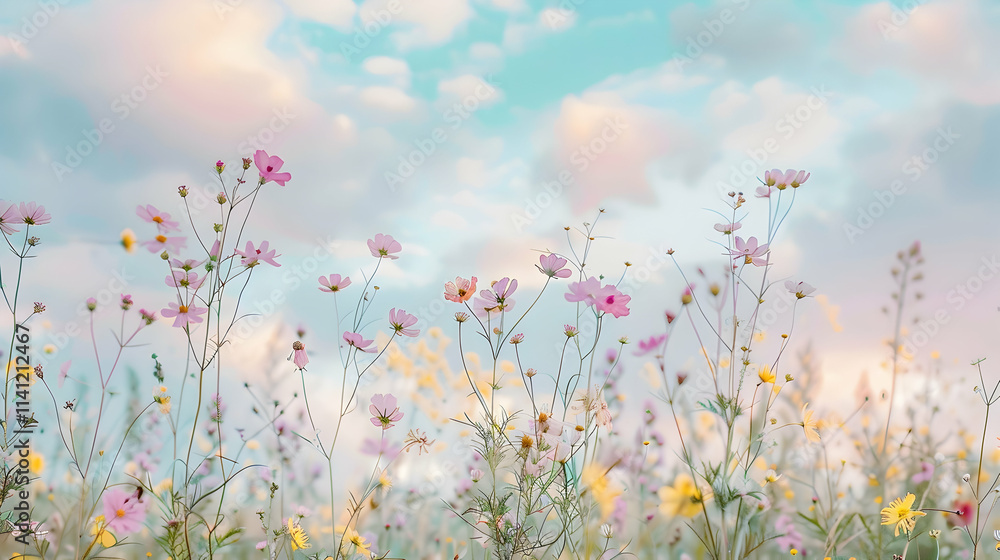 Fototapeta premium Pastel pink cosmos flowers in a field under a soft sky.