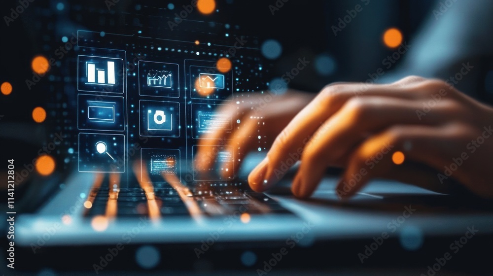 Businessman Using Laptop in Modern Office with Facility Management Icons and Technology Interface Businessman Using Laptop in Modern Office with Facility Management Icons and Technology Interface