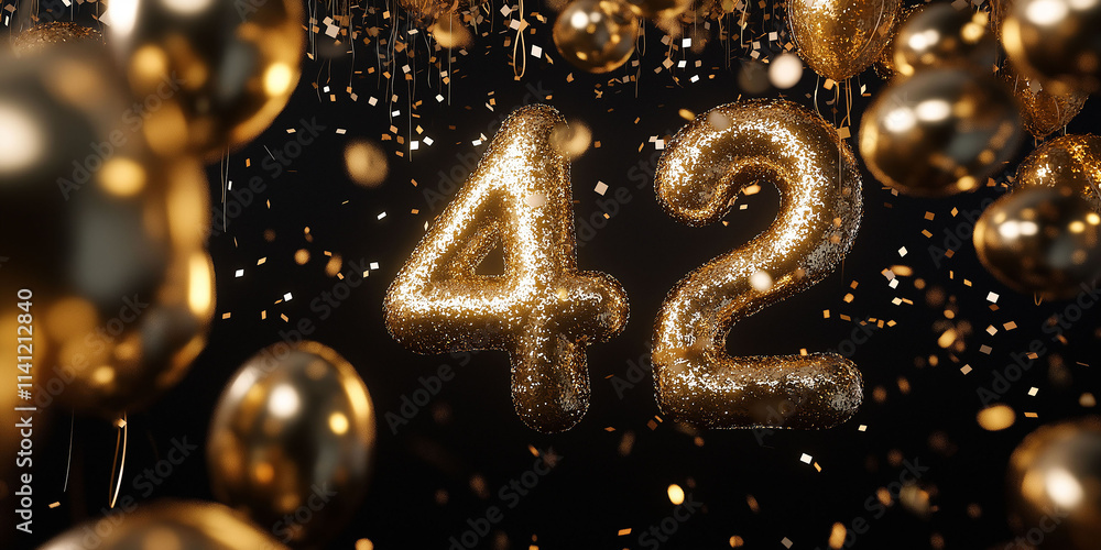 Metallic balloons in the shape of the number 42, surrounded by golden balloons and confetti on a black background. Decorations for birthdays or anniversaries