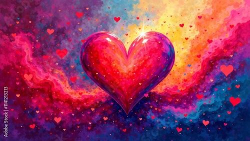 A large, shiny heart takes center stage amidst a swirling backdrop of vibrant colors and smaller hearts. This lively composition radiates love and positivity, creating a joyful atmosphere.