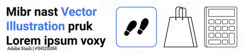 Text alongside three icons featuring footprints, a shopping bag, and a calculator. Ideal for retail, online shopping, marketing, finance, e-commerce consumer behavior and promotions. Landing page