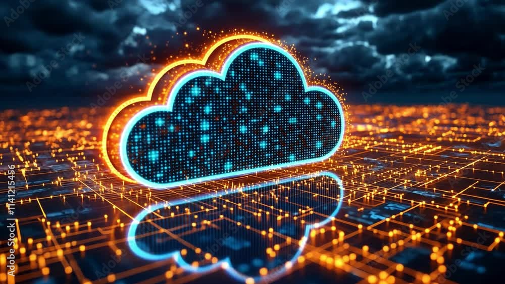 Digital cloud computing visual with glowing network connections under a dark sky